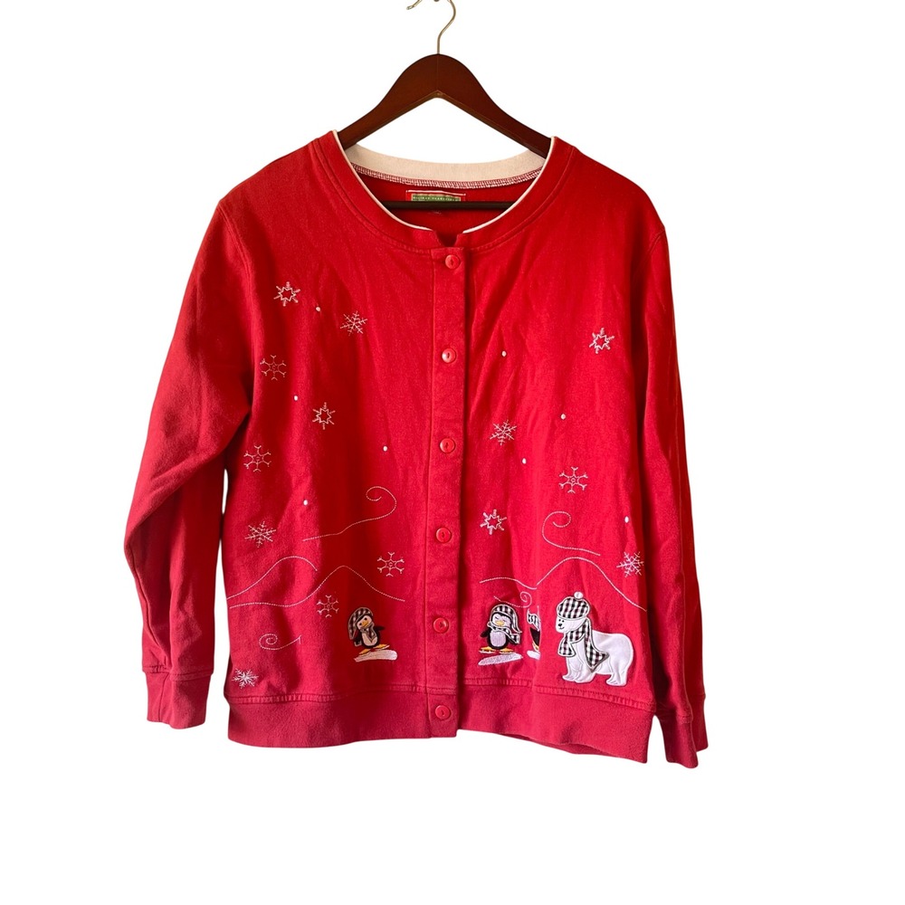 Vintage Red Snowflake Polar Bear Penguin‎ Christmas Sweater Cardigan Womens L